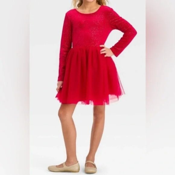 "NWT" Cat & Jack Girls Long Sleeve Shimmer Velour Tulle Dress - Dark Red- Large - Picture 1 of 12